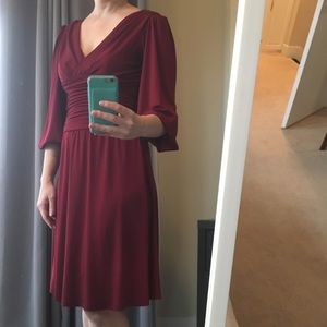 Suzy Chin stretchy red dress vneck with sleeves